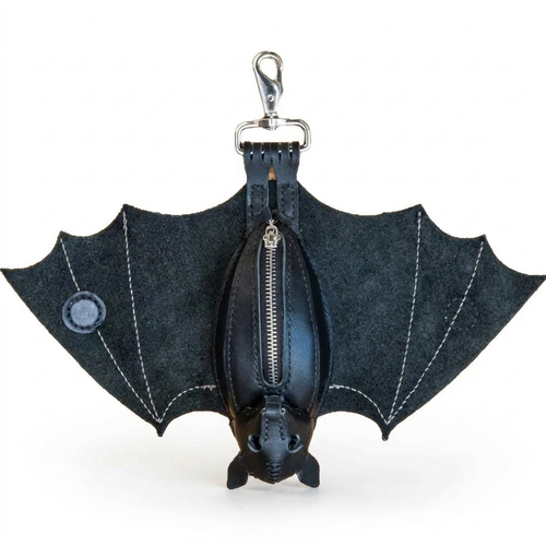 Hand-sewn black leather bat coin purse with wings spread, showing white contrast stitching and silver swivel clip