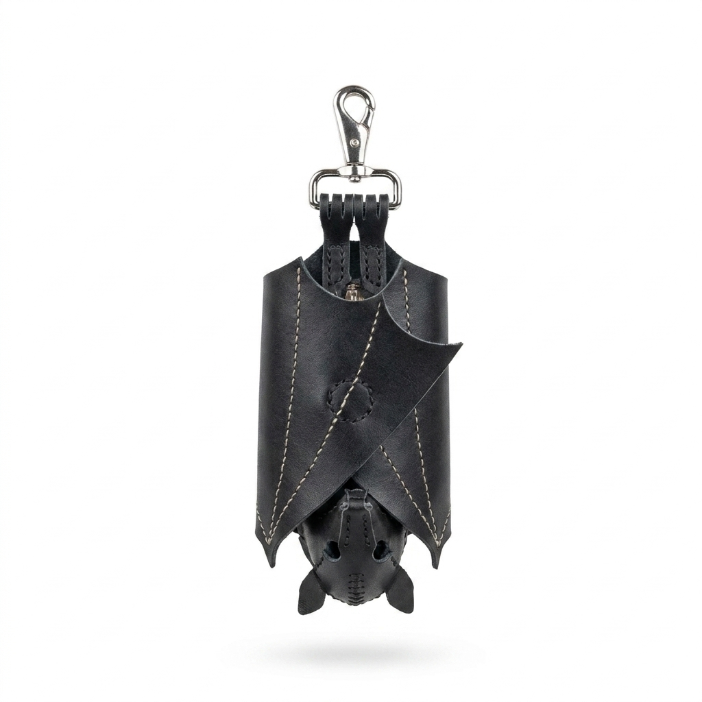 Bat coin purse with wings folded shut, hanging vertically from its silver snap hook