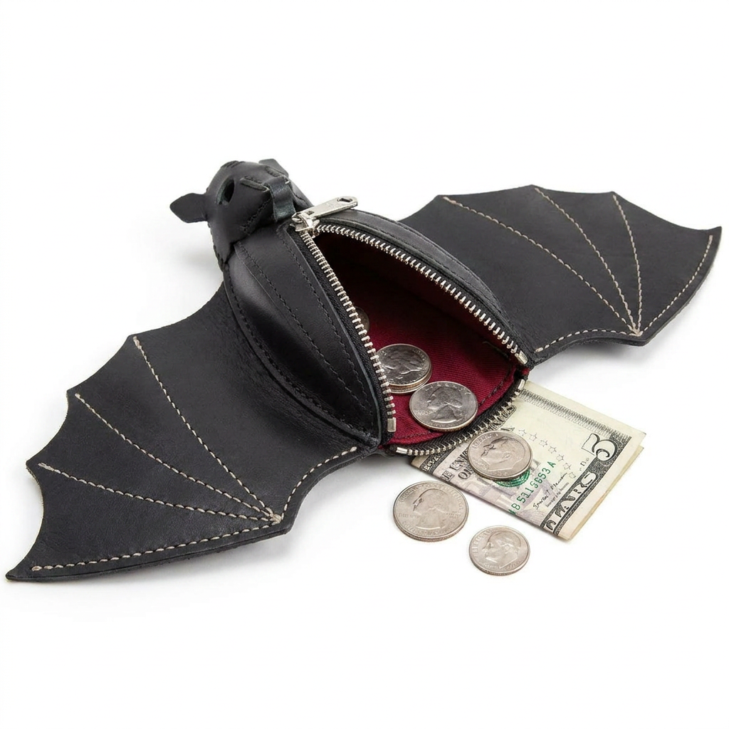 Bat coin purse with the zipper open, showing coins and a folded bill inside