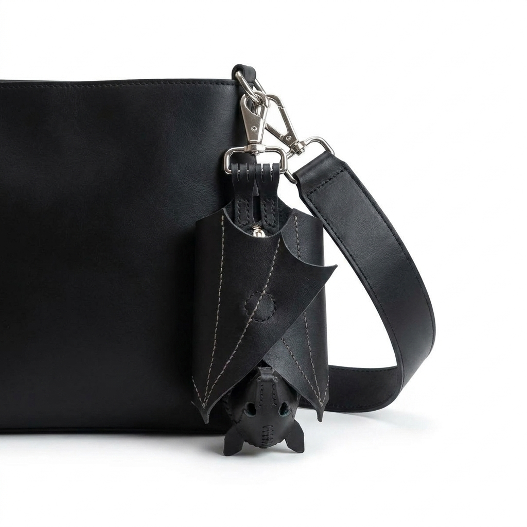 Bat coin purse clipped to a black handbag strap, showing its size